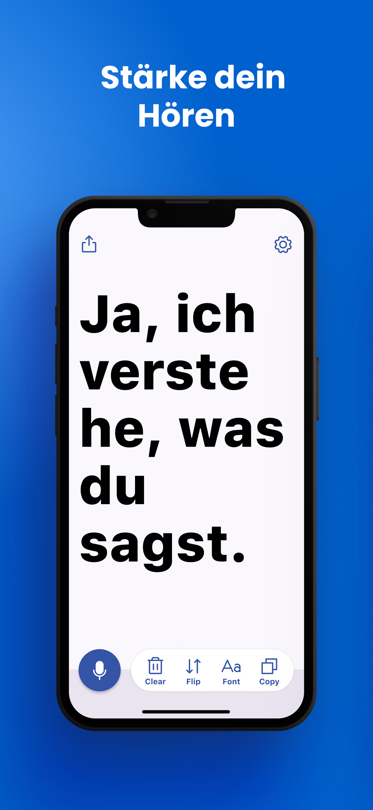 Transcriber App auf dem iPhone zeigt live Sprachtranskription — Stärke dein Gehör