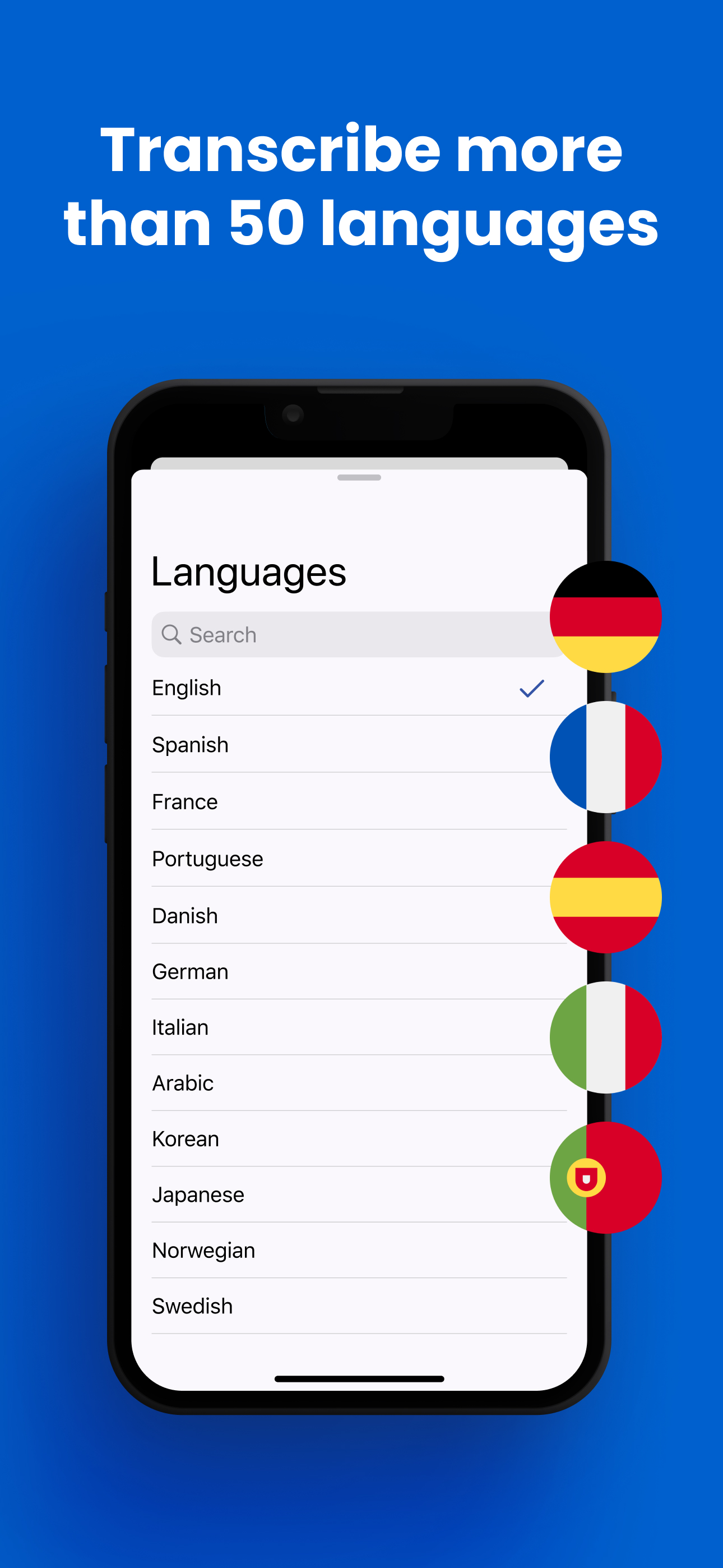 Transcriber language selection showing support for more than 50 languages