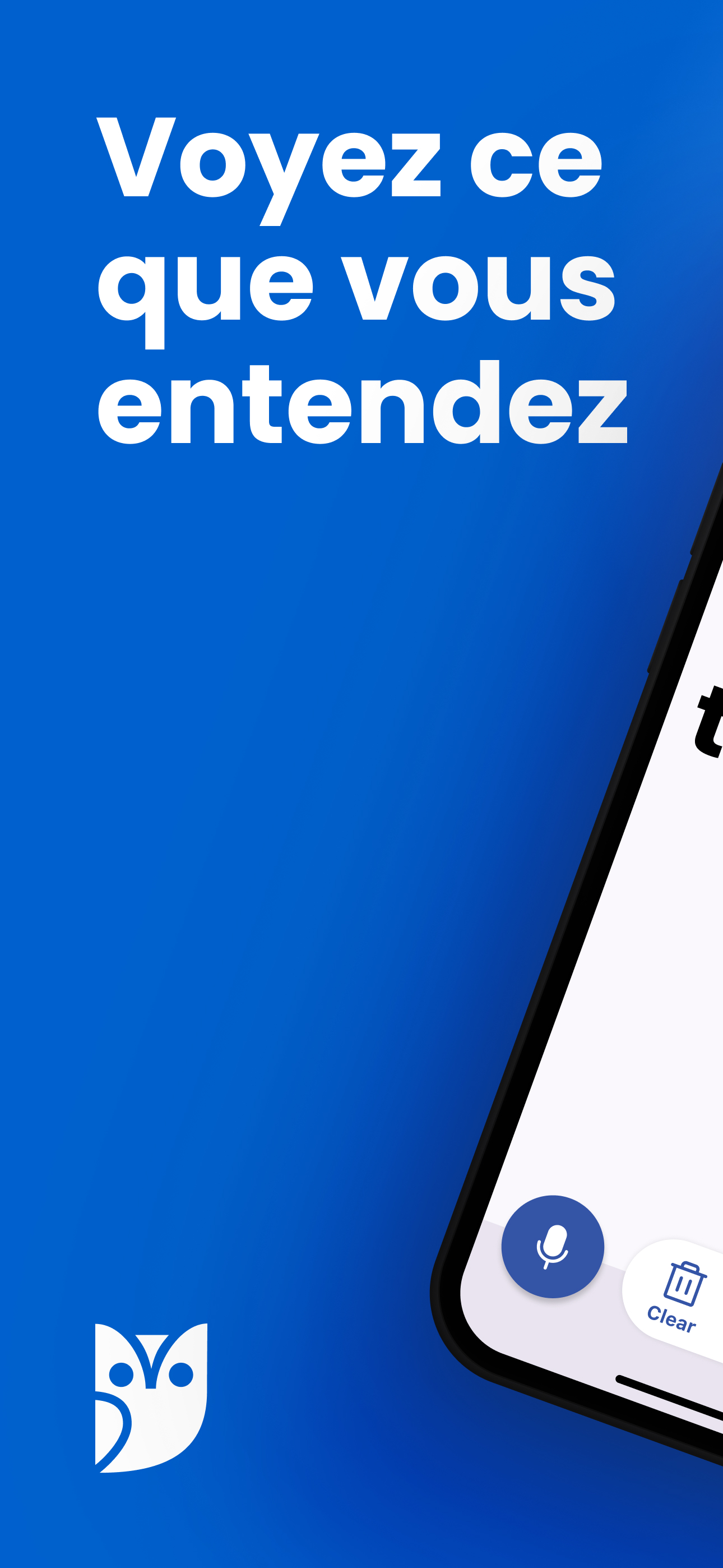 Écran d'accueil de Transcriber avec le slogan Voyez ce que vous entendez et un grand bouton microphone