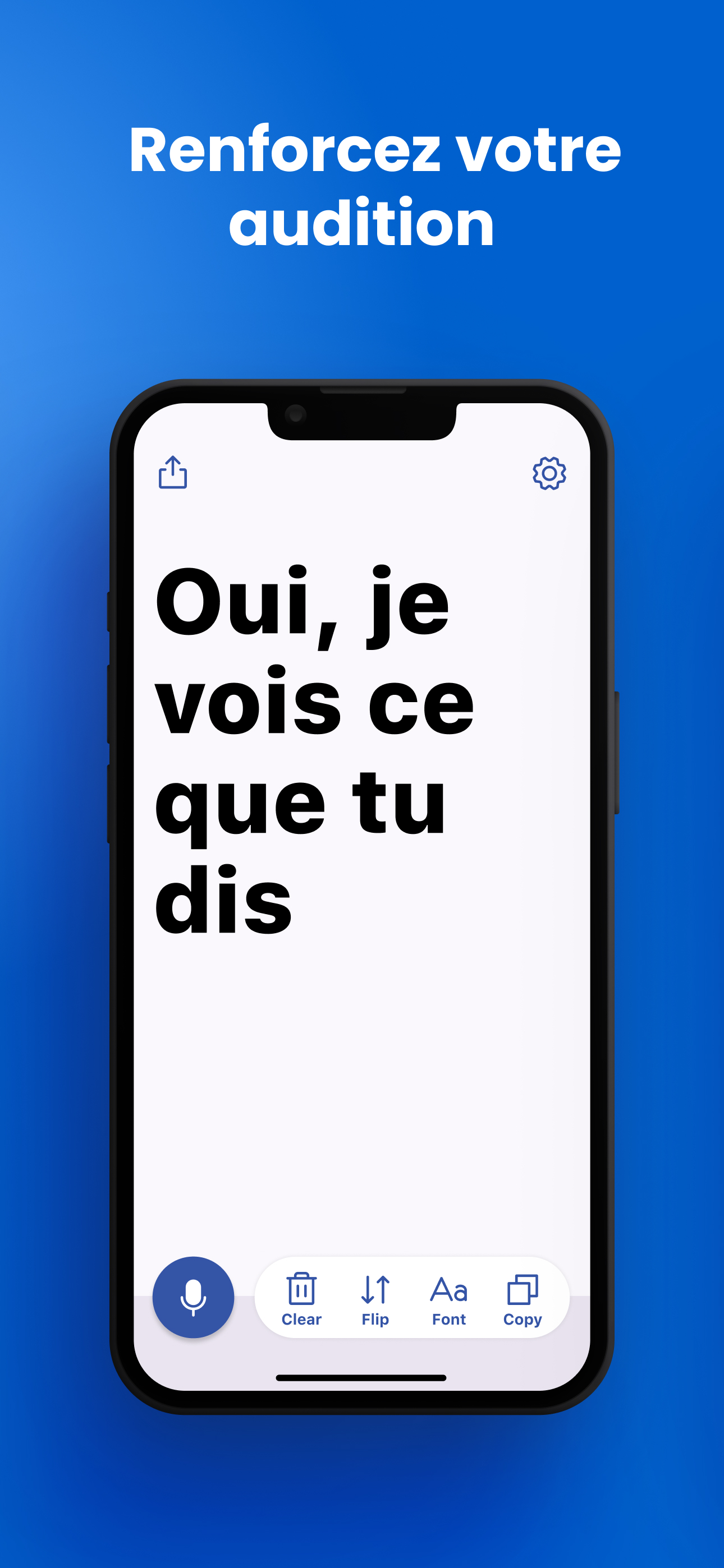 Application Transcriber sur iPhone affichant la transcription vocale en direct — Dynamisez votre audition