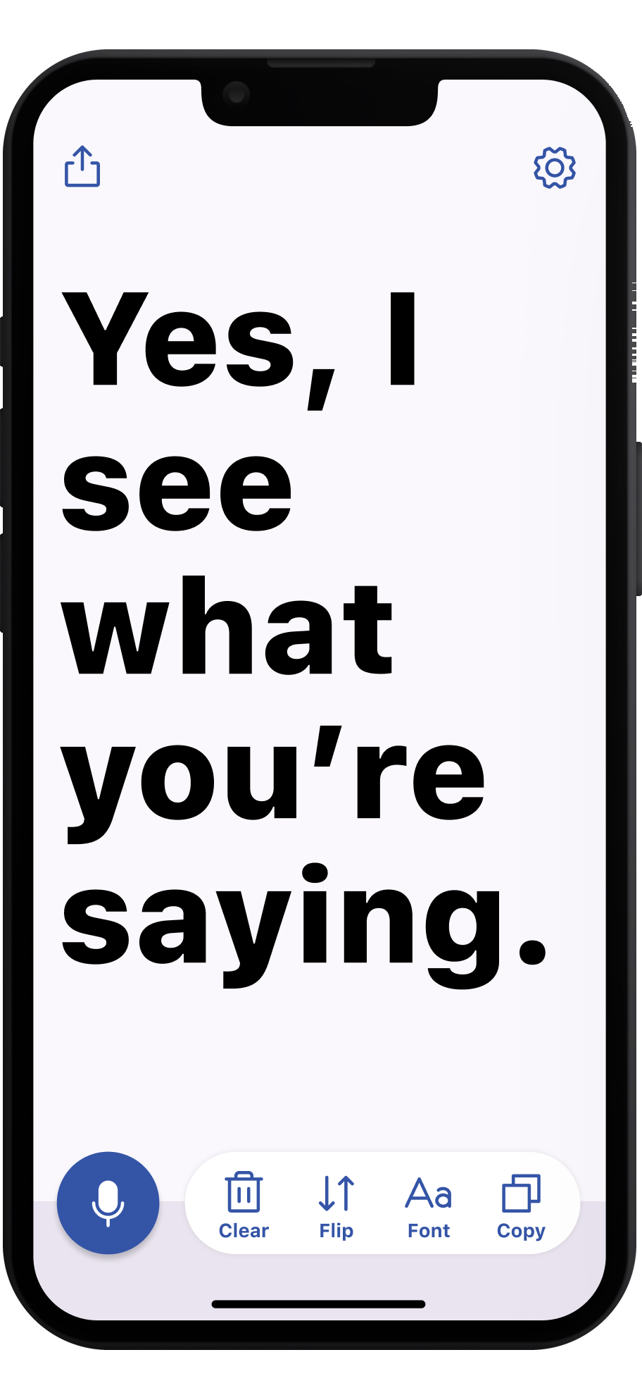 Transcriber app on iPhone displaying live speech transcription — Yes, I see what you're saying